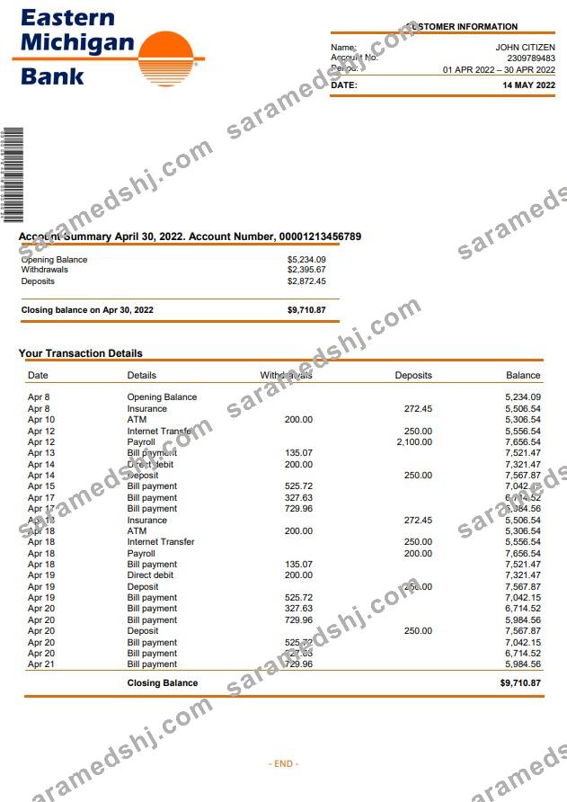 USA Eastern Michigan Bank statement